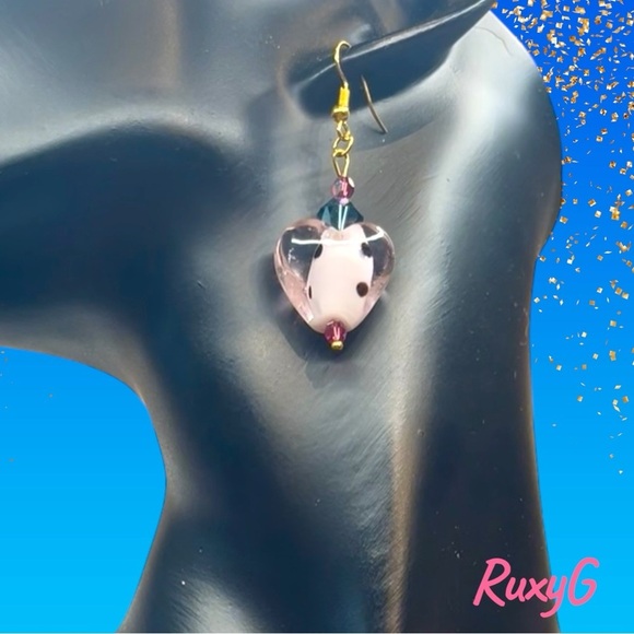 Handmade Heart Earrings with Pink , Gray and Gold Accents w/ Swarovski crystals - Picture 6 of 7